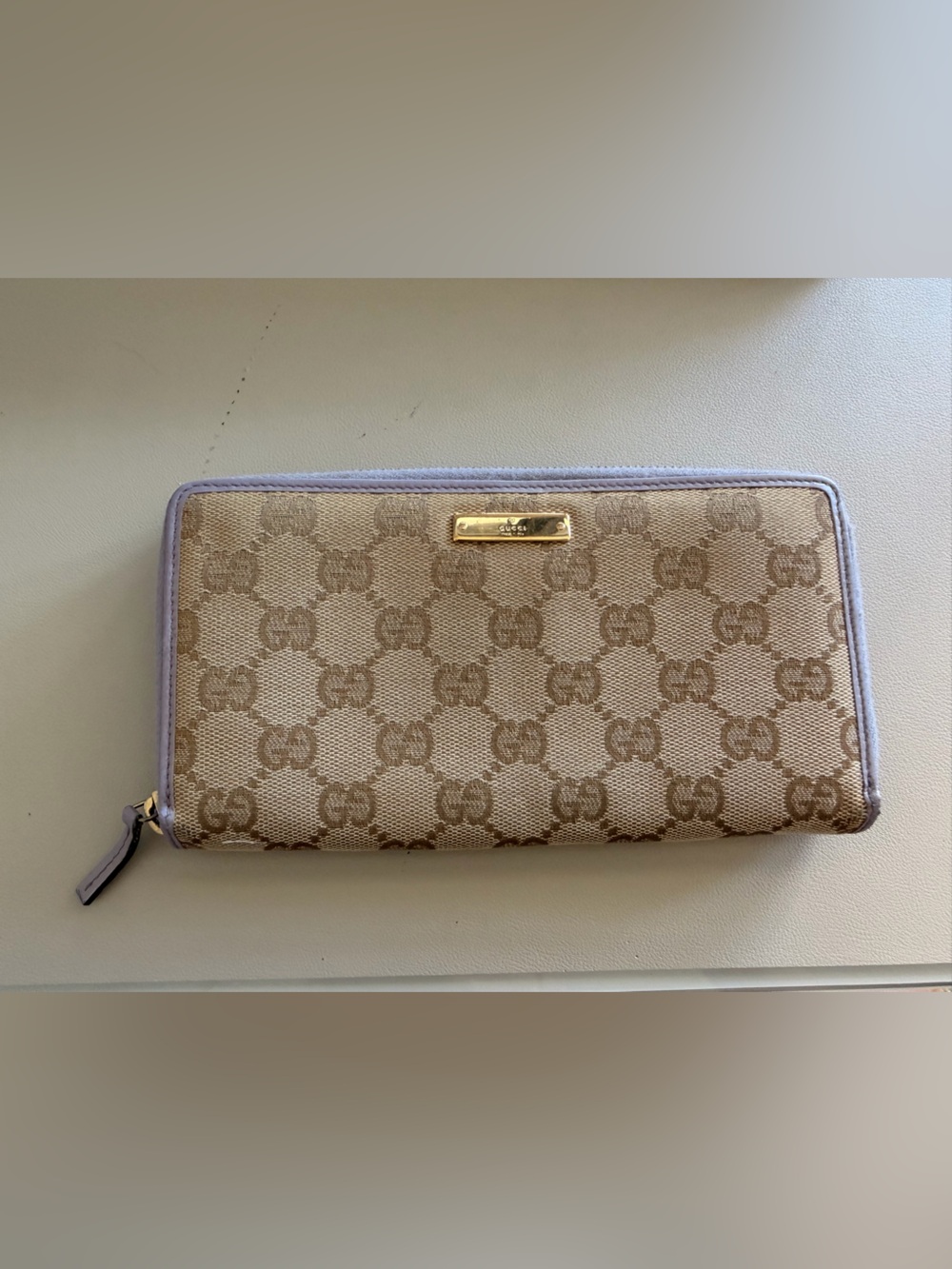 Gucci Beige Monogram Zip Around Wallet with Lavender Trim